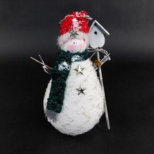 Vintage Snowman holding a bird house Twig Arms Green Scarf Red Hat Stars 9" Tall