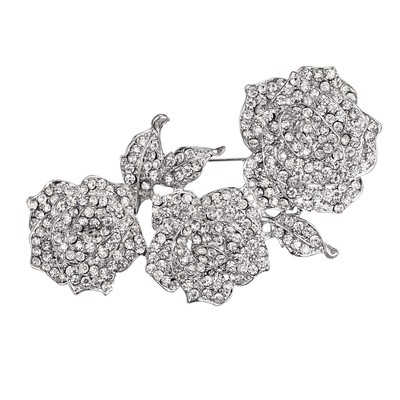 Women's Austrian Crystal Enamel Blooming Rose Flower Leaf Brooch White Silver-To