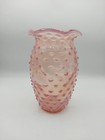 Vtg Czech Opalescent Pink Hobnail Art Glass Vase UV Glow Mold-blown 7.75"