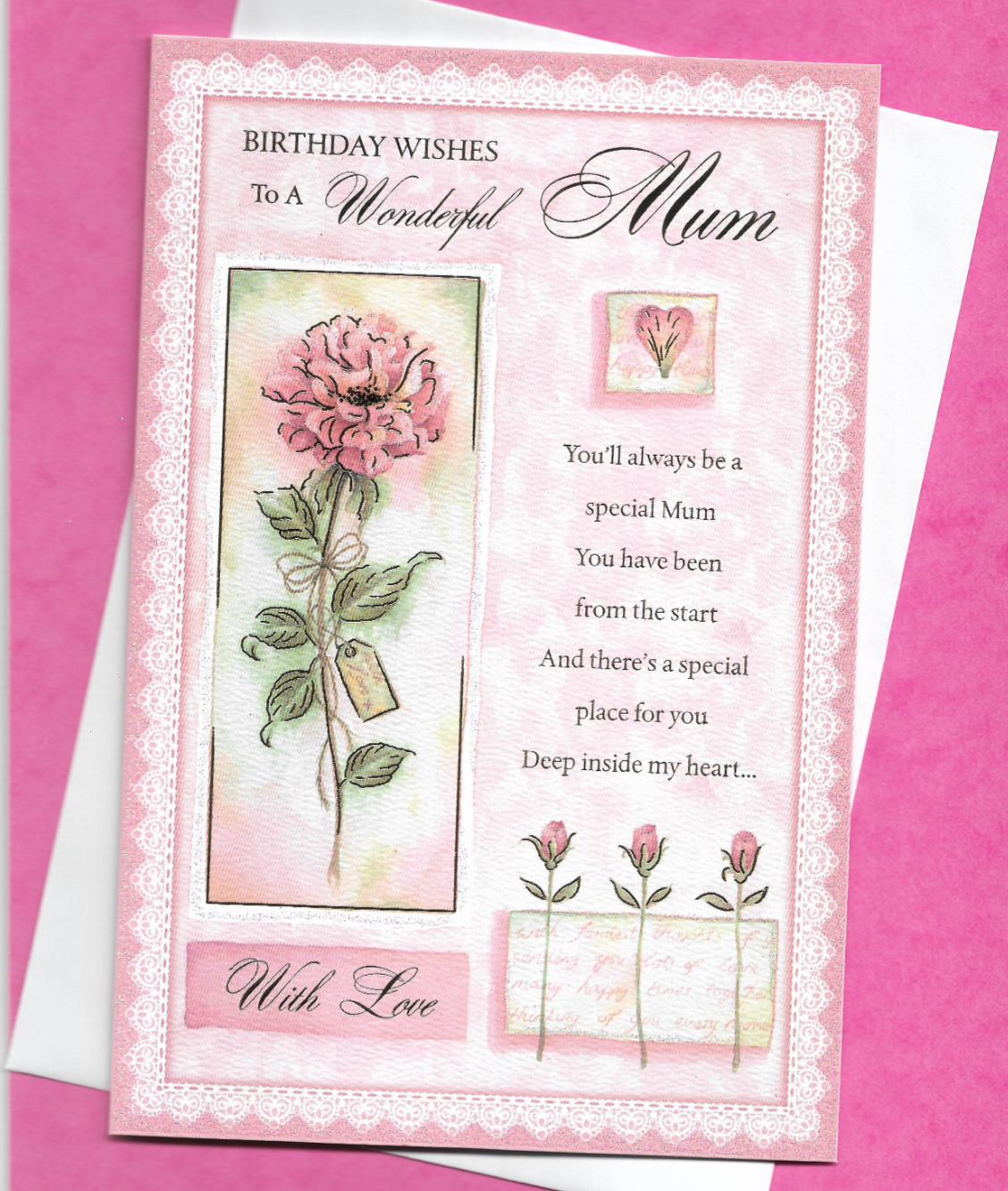 Mum Birthday Card 9""x6"" Lovely Verse Nice Words Message Pink Flower