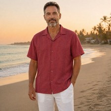 Cubavera Linen Blend Camp Shirt XL Rust Red Textured Cuban Guayabera