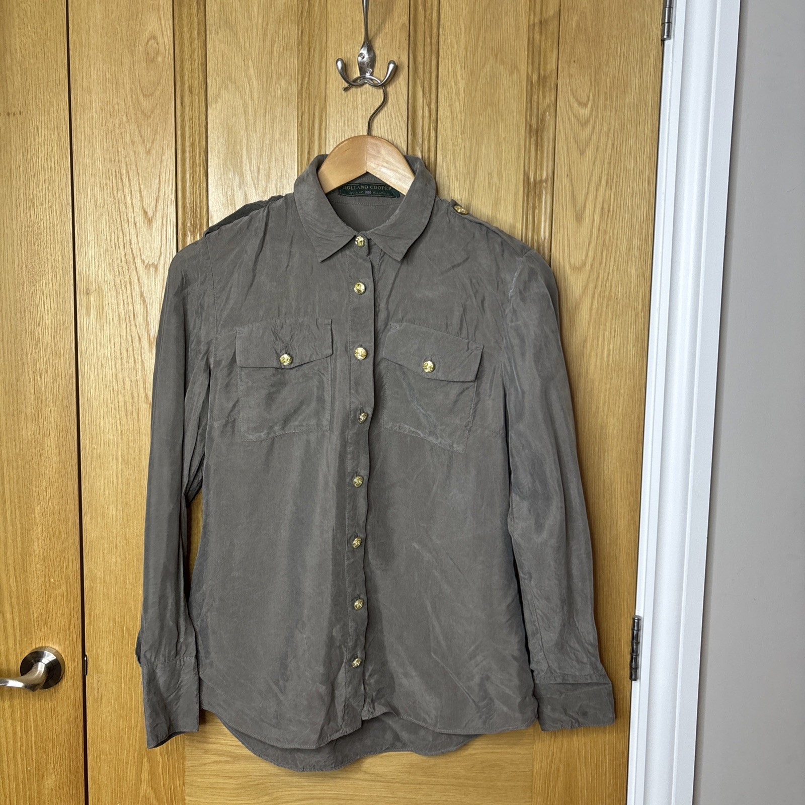 Holland Cooper Cupro Shirt Military Button Shirt khaki Blouse Size 10 Taupe Blog
