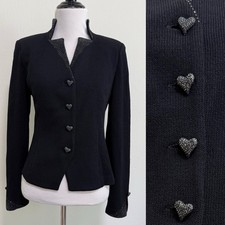 Vintage St John Evening Santana Knit Blazer Jacket 2 Black Heart Rhinestone