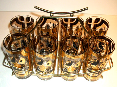 FRED PRESS Vintage 8 Atomic Mid Century T'ang GOLD BLACK Horse Glasses & Carrier