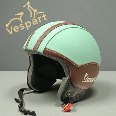 Casco In Pelle Compatibile Vespa Verde Azzurro Marrone Vintage S M L XL - Image 1 of 2