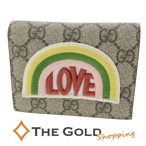 Portefeuille compact Gucci 476412 GG Supreme Rainbow Love à deux volets beige rouge d'occasion