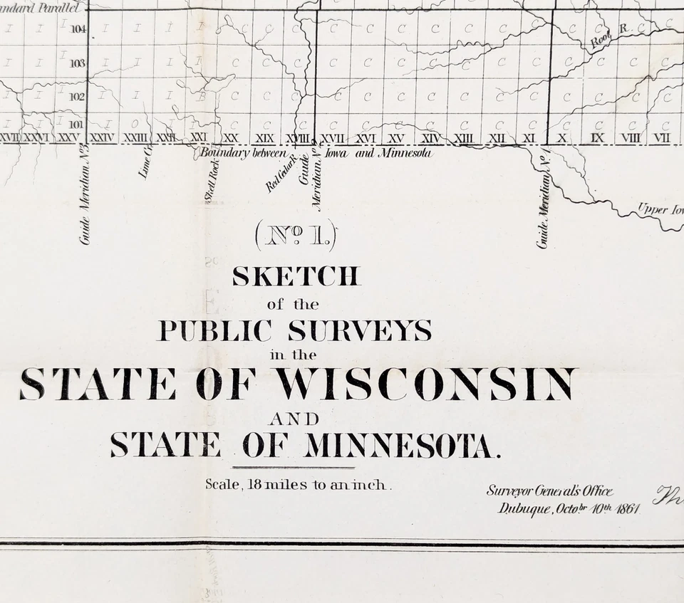 1861 WISCONSIN - MINNESOTA Mapa ORIGINAL Encuesta General de la Oficina de Tierras (22x17) Foto 2 de 4