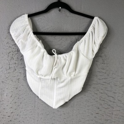 SABO Bodysuit Womens S White Textured Puff Sleeve Corset Waist Square Neck