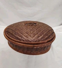 Vintage Mid Century Basket With Lid  Woven Wicker Rattan Storage