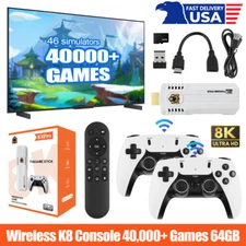 HDMI 8K TV Game Stick Console Built-in 64GB 40000+Retro Games+2 Wireless Gamepad