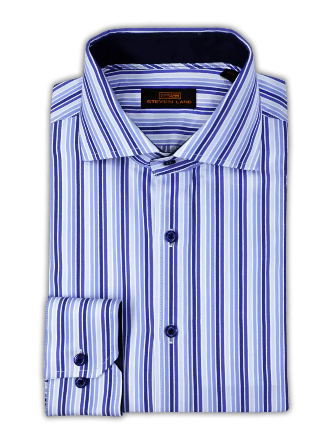 Steven Land Mens Blue Striped Regular Fit Spread Collar 100% Cotton Dress Shirt