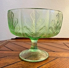 Vintage FTD Green Oak Leaf Footed Pedestal Pressed Depression Glass