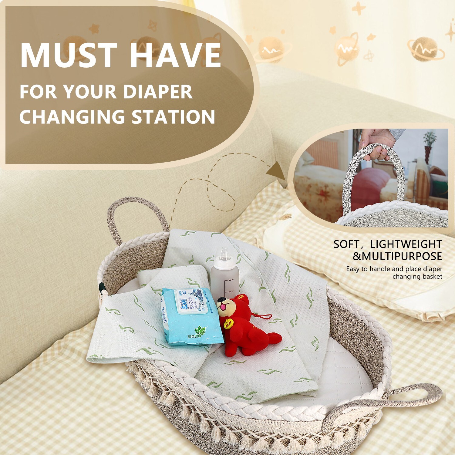 Cotton, Beige  Moses Baby Diaper Changing Basket With Pad and Water Proof Cover.