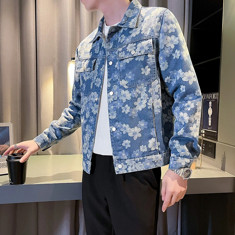 Men's Fashion Lapel Long Sleeve Loose Denim Jackets Youth Causal Coats - Image 2 of 4