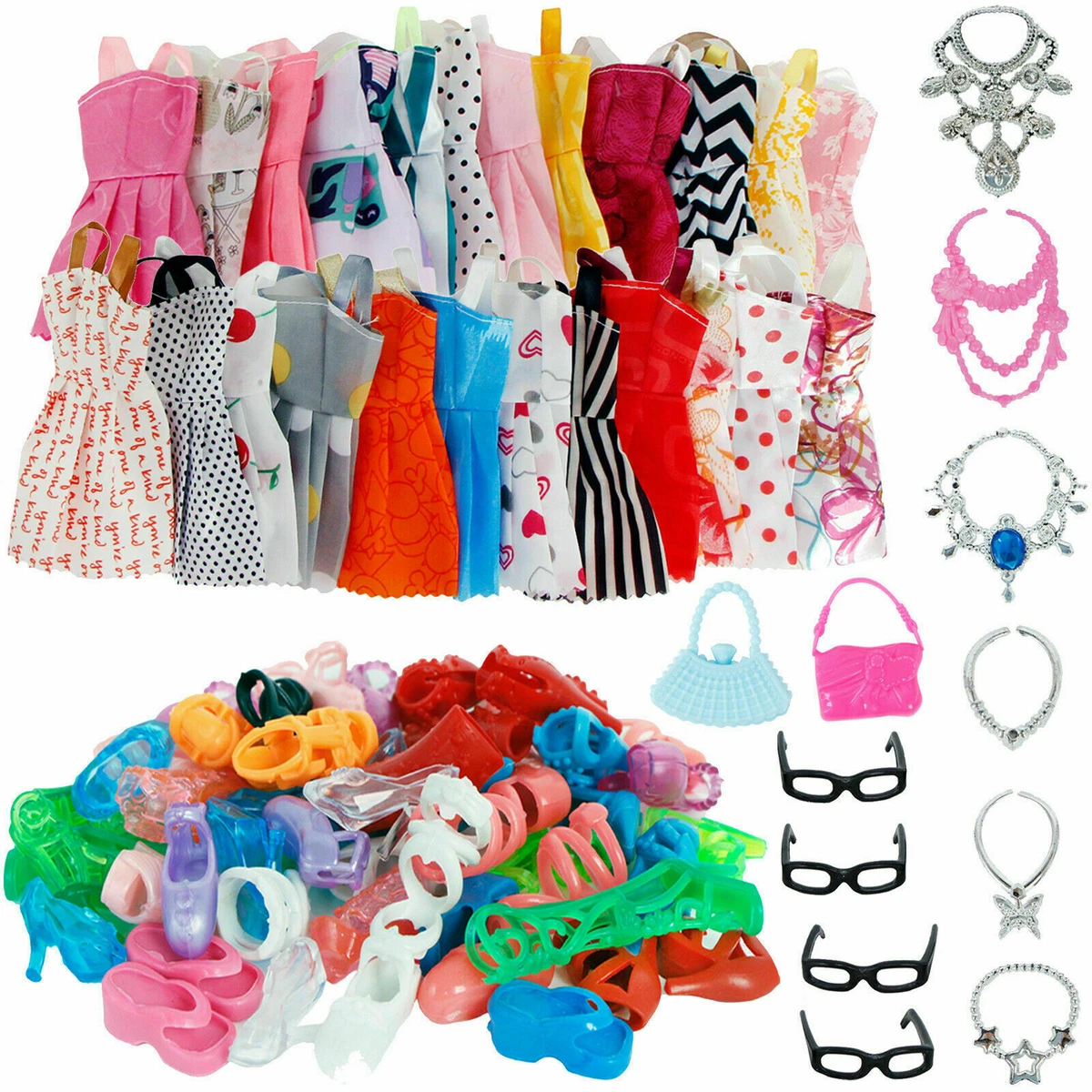 DOLLS SET PIECES BARBIE DOLL CLOTHES SHOES HANGERS SET UK DRESSES SHOES 32PC
