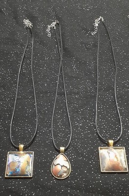 LOT OF 3 HAND-PAINTED Gemstone NECKLACES Pendant LEATHER CORD 