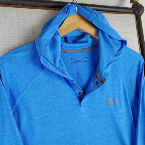 UNDER ARMOUR Size XL Long Sleeve Hooded Performance 1/4 Snap Polo Shirt Blue UV+ - Picture 8 of 12