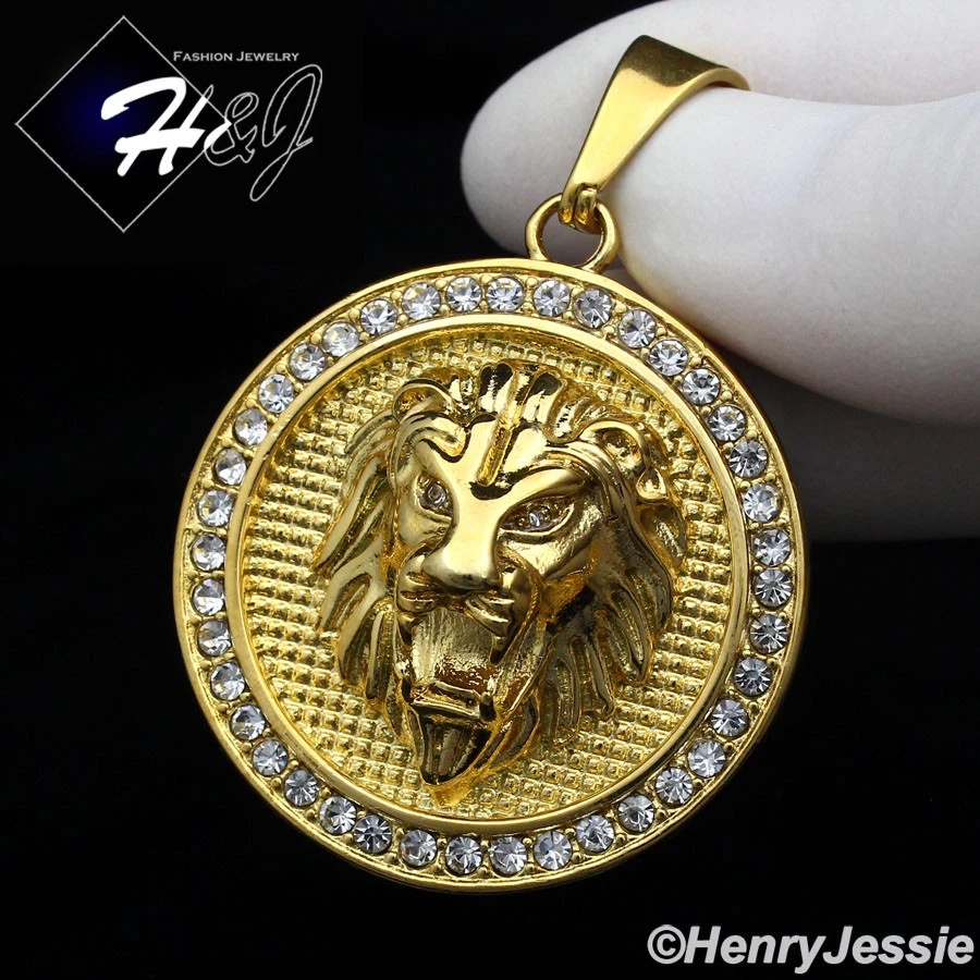 24 «МУЖЧИН из нержавеющей стали 6 мм позолоченный кубинский цепочка CZ лев круглый кулон * GP109 - Изображение 2 из 4