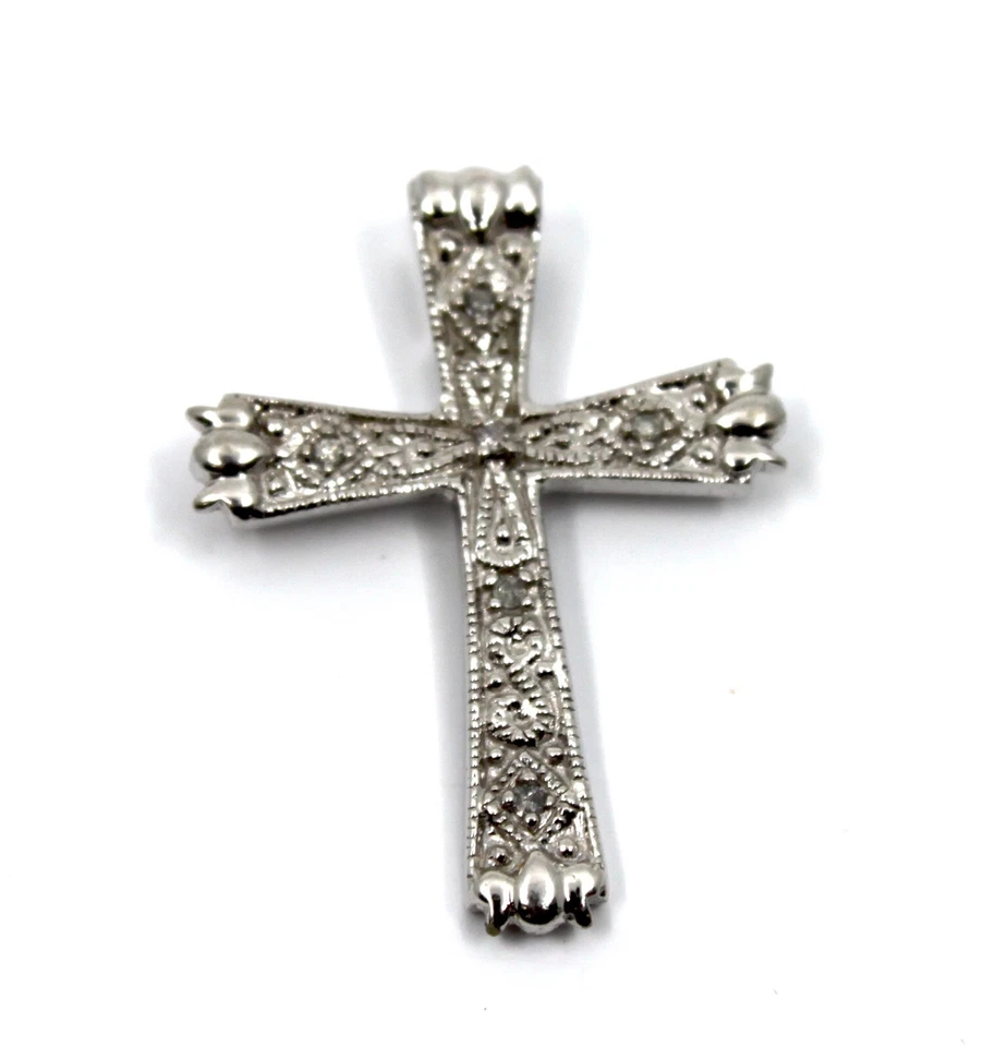 Diamond Textured Detailed Cross Pendant in 10K Solid  White Gold Unisex - Image 3 of 4