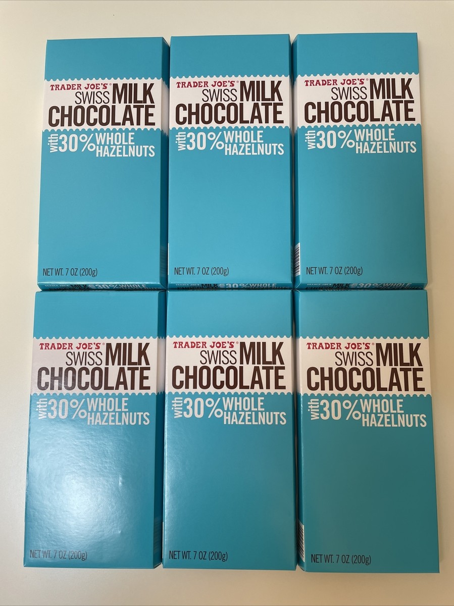 6 PACKS TRADER JOE'S SWISS MILK CHOCOLATE WITH 30% WHOLE HAZELNUTS