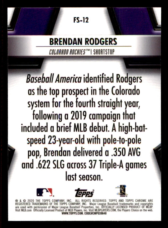 2020 Topps Chrome Future Stars #FS12 Brendan Rodgers - Image 2 of 2