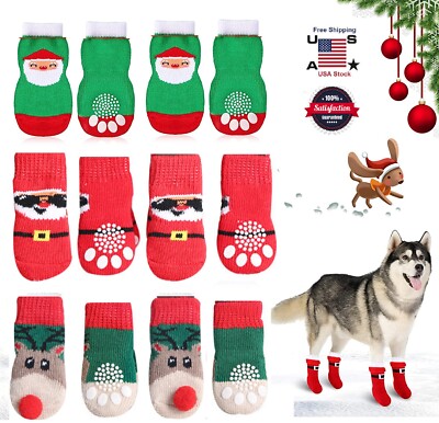 4PCS Christmas Pet Warm Socks Xmas Knits Socks Cute Dog Cat Puppy Anti Slip USA