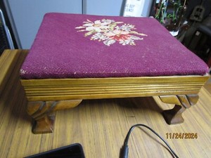 Antique Vintage Victorian Burgandy Floral NEEDLEPOINT Wooden Foot Stool