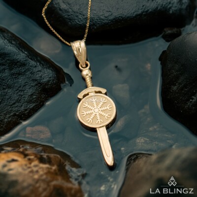Gold Viking Sword Pendant Necklace, Norse Vegvisir Amulet, 10K 14K Yellow White
