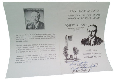 Robert A Taft Jr POTUS hand signed 1st day stamp for Dad 1960 ceremony luncheon