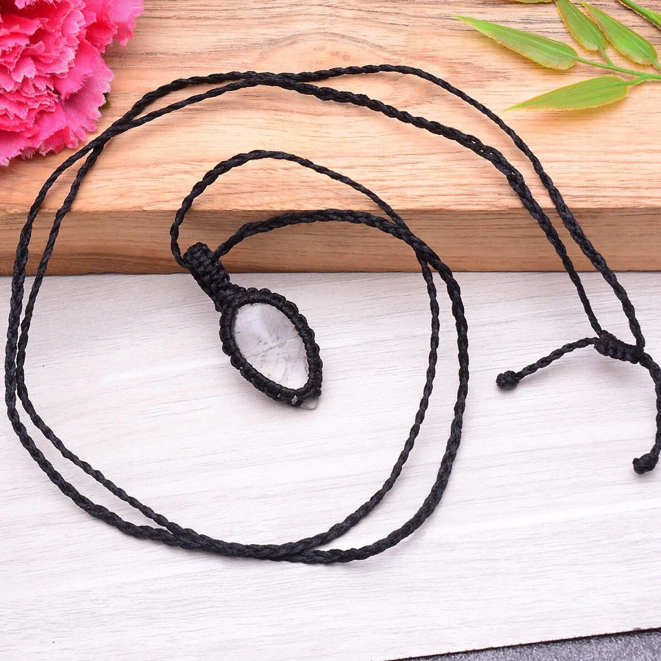 Handgefertigt Natürlich Rutil Quarz Boho Macrame Anhänger Heilung Kristall Kette - Bild 2 von 4