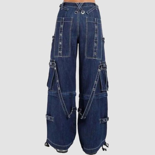 Gothic Cargo Pants Men Grunge Baggy Denim Jeans X-Strap Buckle Punk Trousers USA - Picture 18 of 22