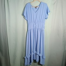 Women's Light Blue Midi Dress V Neck Short Sleeve Ruffle Hem Flowy Casual Dress