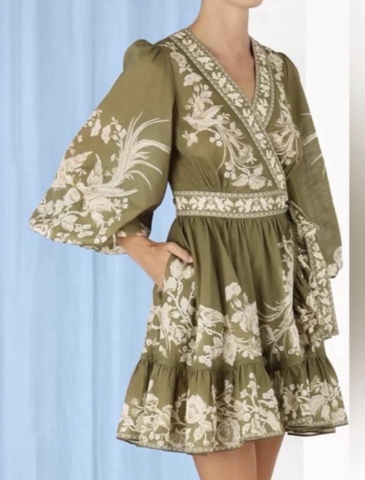 Zimmermann Anneke Olive Floral Pattern Cotton Frill Mini Wrap Dress Sz 3 