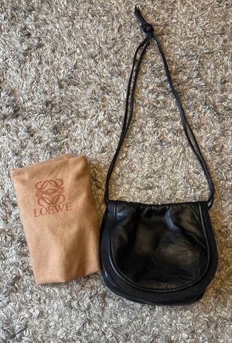 LOEWE Black Leather Shoulder Bag Anagram Embossed Dust Bag Auth