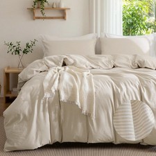 Beige Striped Duvet Cover Set - 100 Washed Cotton Pinstriped Comforter Cover...