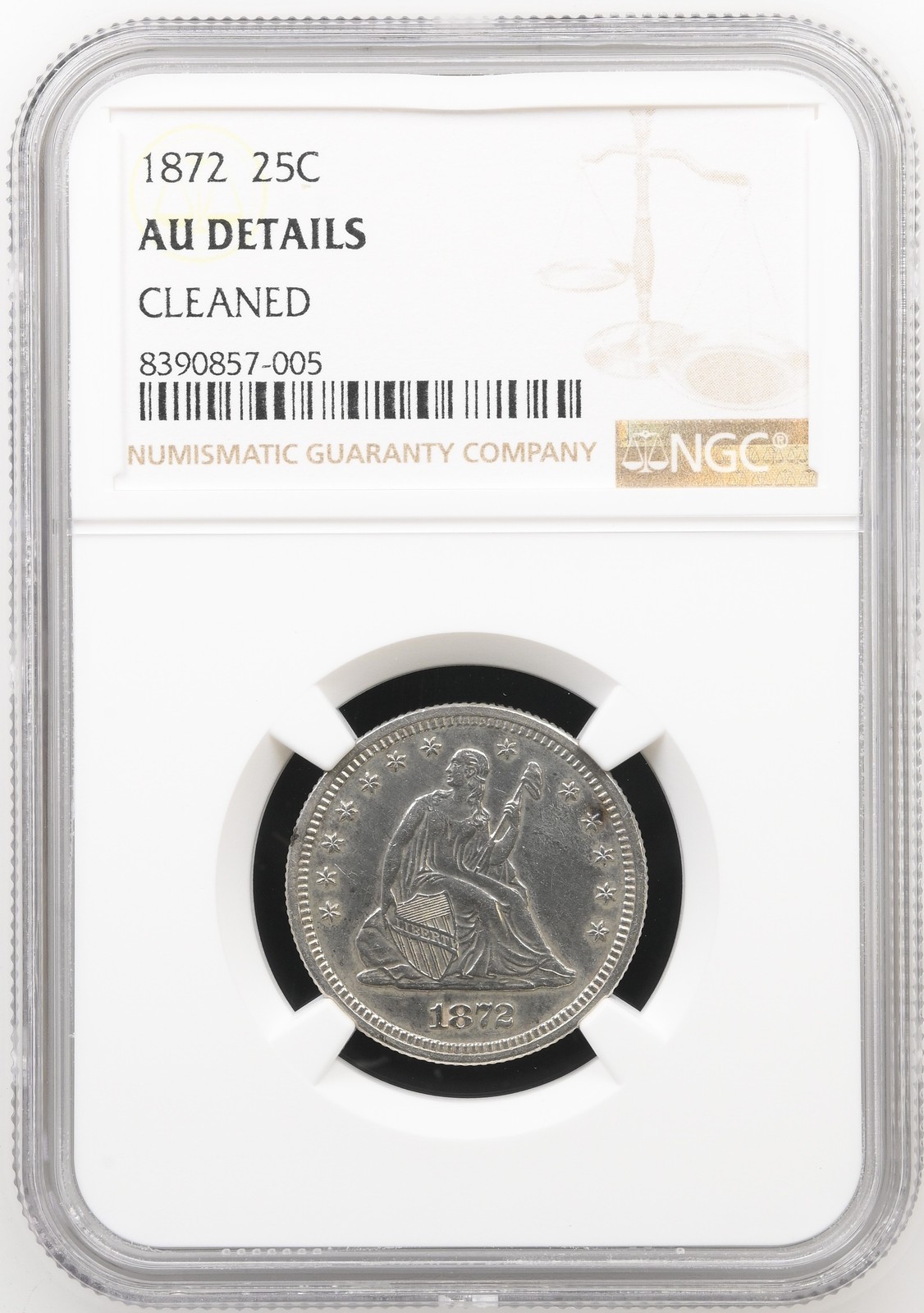 1872 Seated Liberty Quarter NGC AU Details CLEANED