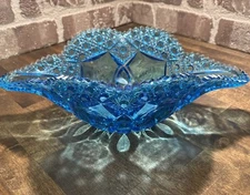 Vintage Wheatonware Blue Crystal Napoleon Hat Bowl 14” Long Cane Band & Rose 