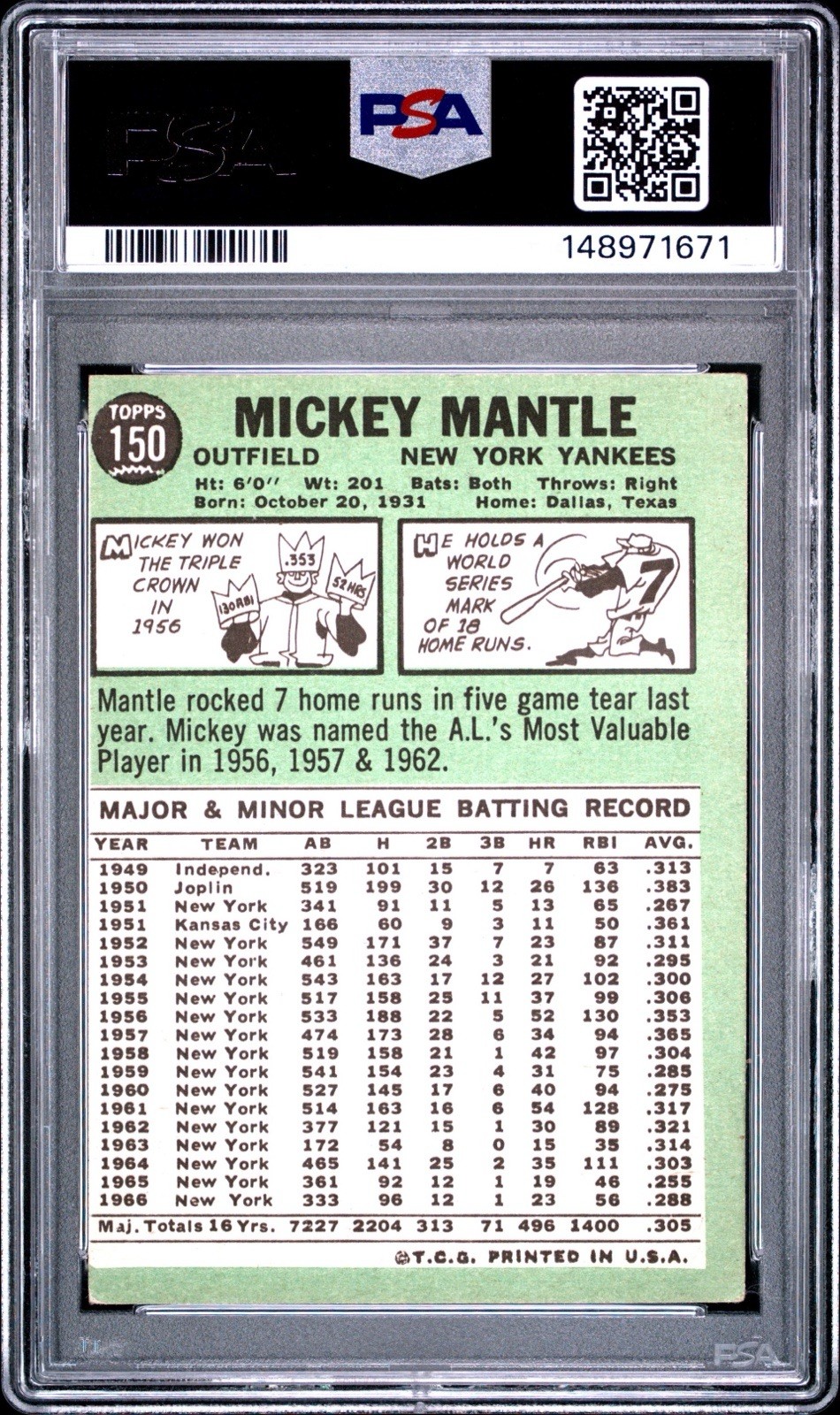 1967 Topps Mickey Mantle #150 PSA 3 MC view 2