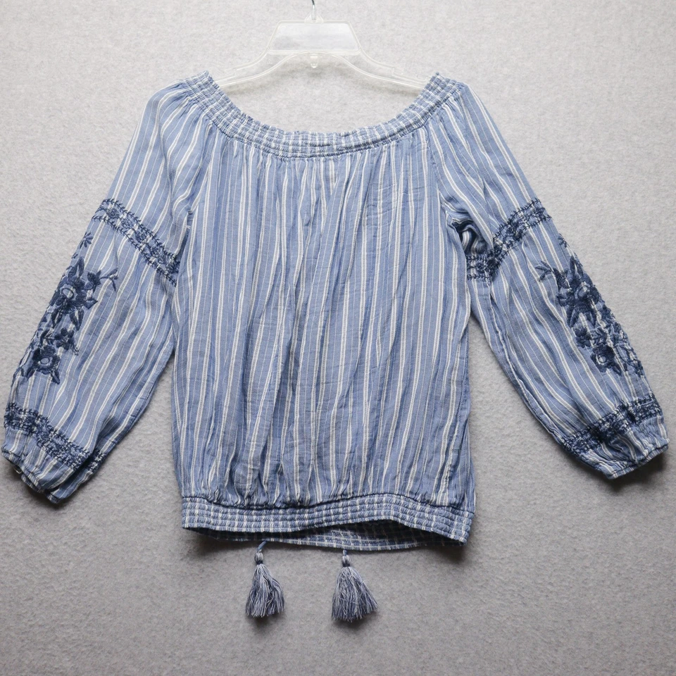 Top Xhilaration Mujer M Azul Blanco Rayas Festival Bordado Boho Campesino Y2K Foto 2 de 4