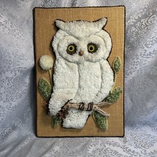 VTG Finished Latch Hook White OWL Wall Hanging 1970s Hippie 18  
