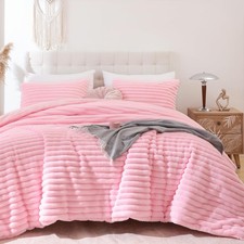 3 PCS Queen Size Fluffy Comforter Pink Fleece Bedding Set Winter Warm Quilt