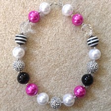 Girls Pink Black White Silver Bubblegum Necklace Chunky Beaded Baby Kids Jewelry