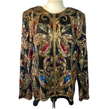 Lawrence Kazar Sequin Beaded Paisley Silk Evening Jacket XL Art Statement Glam
