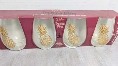 NIB Circleware Set of 4 Tropica Pina Gold Pineapple Stemless Wine Glasses