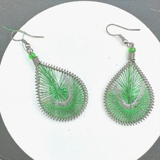 Handmade Wire Art Teardrop Dangle Earrings Green Silver Thread Boho VTG Style