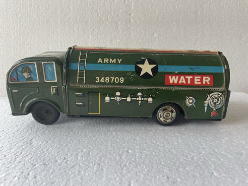 VINTAGE 1950s-1960s JAPAN HAYASHI TIN FRICTION TOY ARMY WATER TANKER TRUCK