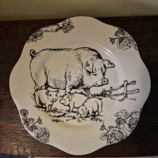 Pig Barnyard Toile by E Trostli Black on White Large Dinner Plate Farmhouse 12”