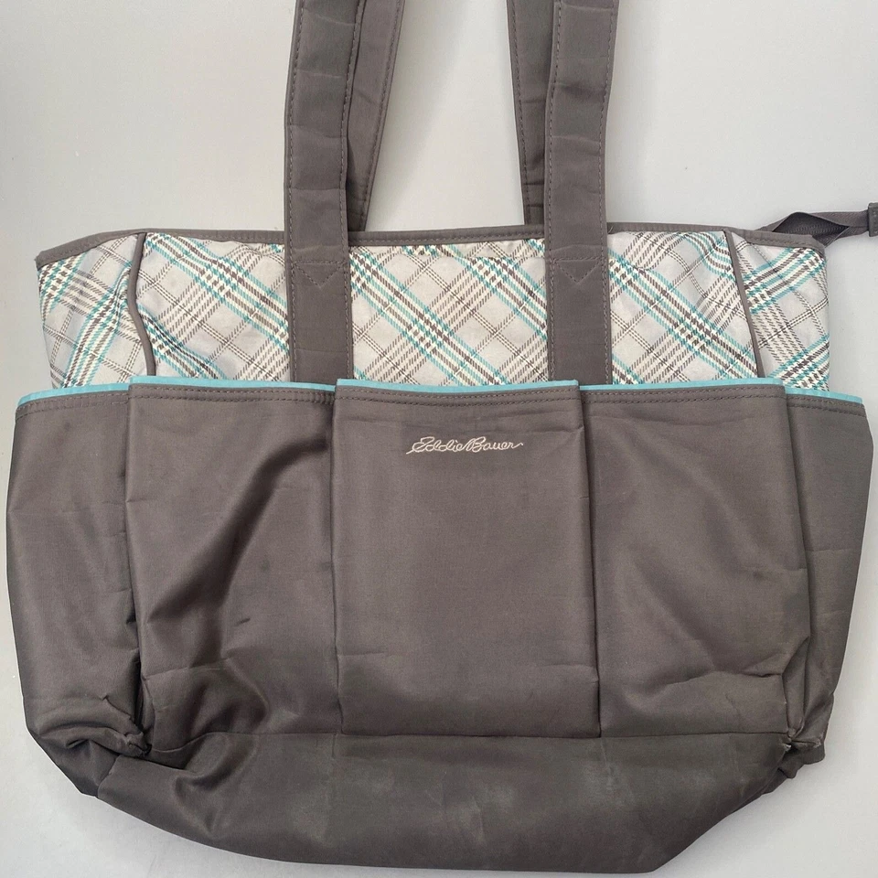 Сумка для подгузников Eddie Bauer сумка с короткими ручками клетчатая серая/бирюзовая с пеленальным ковриком - Изображение 2 из 4