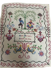 Handmade Finished Cross Stitch Sampler HAPPY BIRTHDAY 13" x 17" Unframed