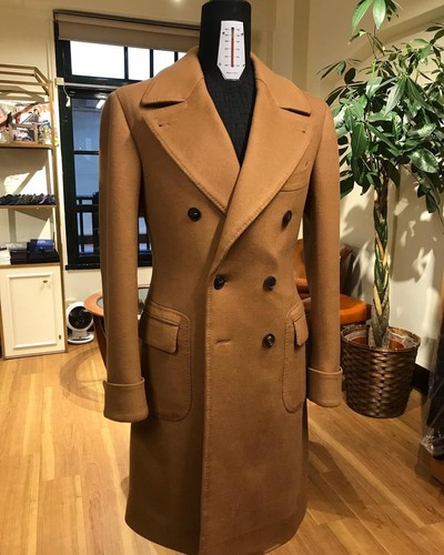Mens Long Overcoat Gold Herringbone Wool Blend Coat Winter Business Outwear - Picture 1 of 7